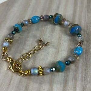 Gold and Blue Beaded Bracelet with Crystal Accents
